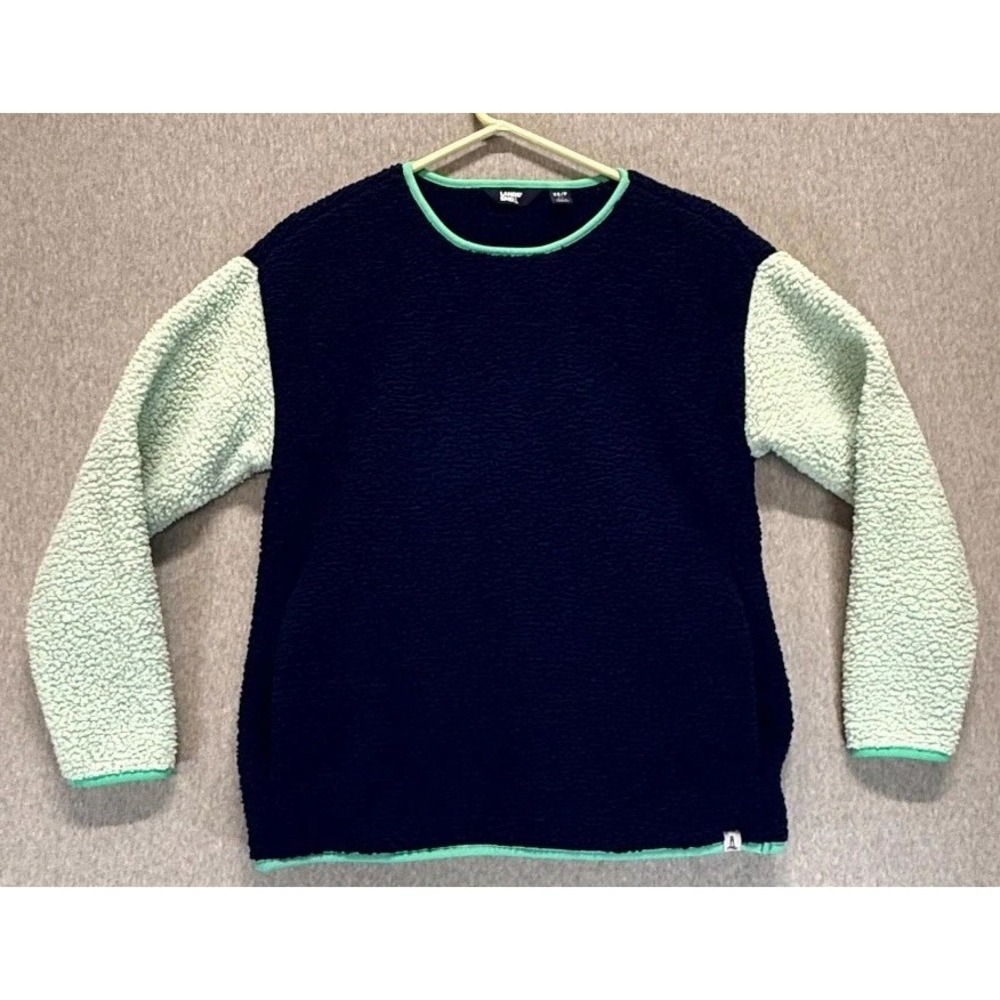 Lands' End Sherpa Sweatshirt Girls XS (2-4) Navy Blue Green Logo Round Neck